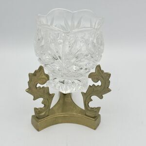 VINTAGE clear cut glass crystal candle holder w/ gold metal stand 6.5x3.5"